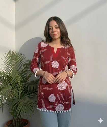 Image of SAICHA Women's Cotton Printed Short Kurti with Pom Pom, Red Floral Pattern