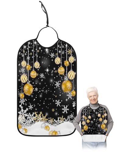 Adult Bibs for Elderly Women - Yellow Christmas Balls Waterproof Dining Clothing Protectors with Crumb Catcher for Eating/Feeding, Xmas Winter Snowflake Classic Black Terry Cloth Bib Machine Washable