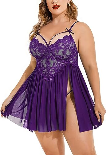 Image of Plus Size Lingerie Lace Babydoll Womens Strap Chemise Nightgown V Neck Nighty Mesh Sleepwear Side Slit Nightdress with G-Sting Panty