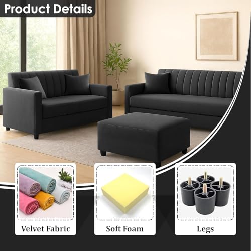 Image of 3 + 2 Seater Sofa Set Wooden Velvet Fabric 5 Seater Sofa Set & Ottoman Stylish, Comfortable Seating & Space Saving Design for Home & Office - Black