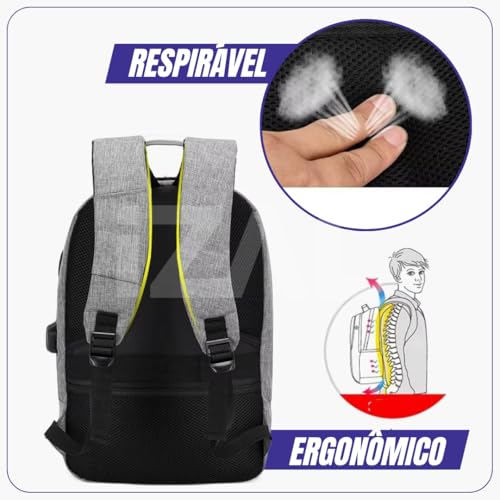 Mochila Executiva Unissex Impermeável Antifurto Com Trava | Cor Cinza - Saída Fone + USB P/Notebook - Leve, Espaçosa e Confortável | Ideal P/Trabalho, Viagem e Estudo | Marca Izal® - Imagem 6