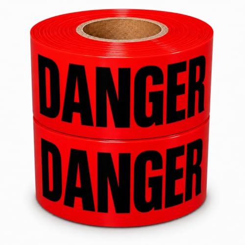 Image of ATERET Premium Red Danger Tape 2-Pack 3 inch x 1000 feet, Hazard Safety Tape, Construction Tape for Danger /Hazardous Area, Ideal Use for Halloween Decorations, Holiday, Party, Yard, Garden, Work-Site
