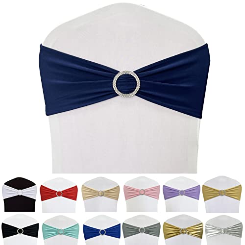 Image of Spandex Chair Sashes Bands, Navy Blue, 50PCS | Stretch Chair Ties Bows, With Buckle Slider, For Wedding Party Banquet Decoration