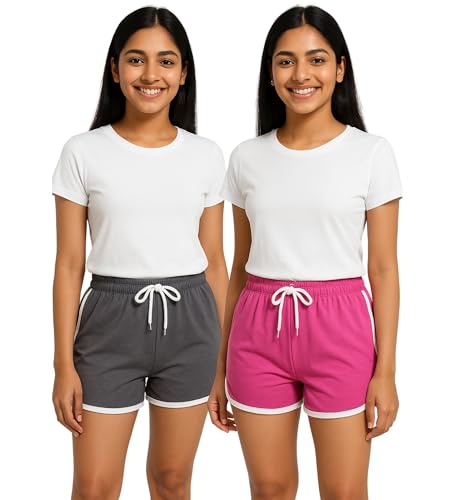 Image of Hangout Hub Women's Cotton Shorts | Boxer Half Pant with Sporty Stripe | Elastic Waist | Hypoallergenic Breathable Fabric | Sweat Absorbent Material | Gym Exercise Yoga Lounge Run Wear (Multi Color)