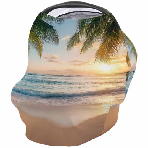 Blue Beige Coastal Nursing Cover for Breastfeeding Scarf, Summer Beach Sunset Realistic Scenery Baby Car Covers Super Soft Multi Use for Canopy Shopping Cart Cover Blanket Stroller Cover