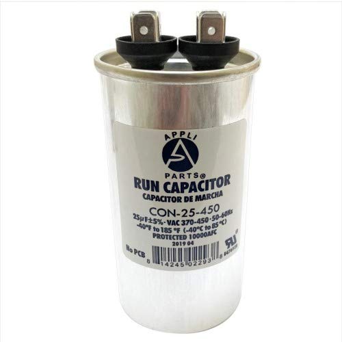 Appli Parts Run Capacitor for ac 25 Mfd uF (microfarads) 370 VAC or 450 VAC CBB65 Round Universal fit for hvac and other applications in High in Wide CON-25-450
