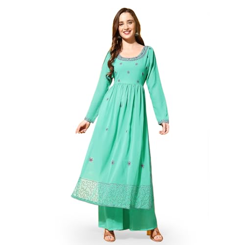 Image of PH POSHAKHUB Women A-Line Nyra Cut Kurta with Sharara in Georgette with Aari Work
