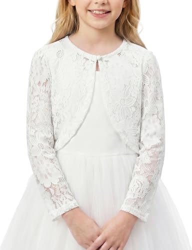 Noomelfish Girls Lace Cardigan Shrug Kids Long Sleeve Bolero Sheer Floral Tops, Flower White, Size 11-12 Years