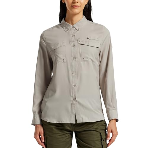 MoFiz - MoFiz Chemise de randonnée pour femme à manches longues blouses de sport UPF50+ Bouton Down Chemise, Kaki, S