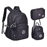 Kit Mochila de Costas Lancheira Térmica e Estojo Box Rebecca Bonbon Preto em Crinkle Lurex com Bolso Antifurto RB24527