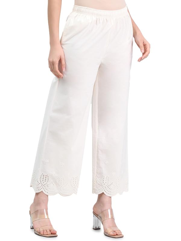 Image of GO COLORS Women's Cotton Hakoba Palazzo | Ankle Length, Schiffli Embroidery, Relaxed Fit, Mid-Rise with Side Pocket