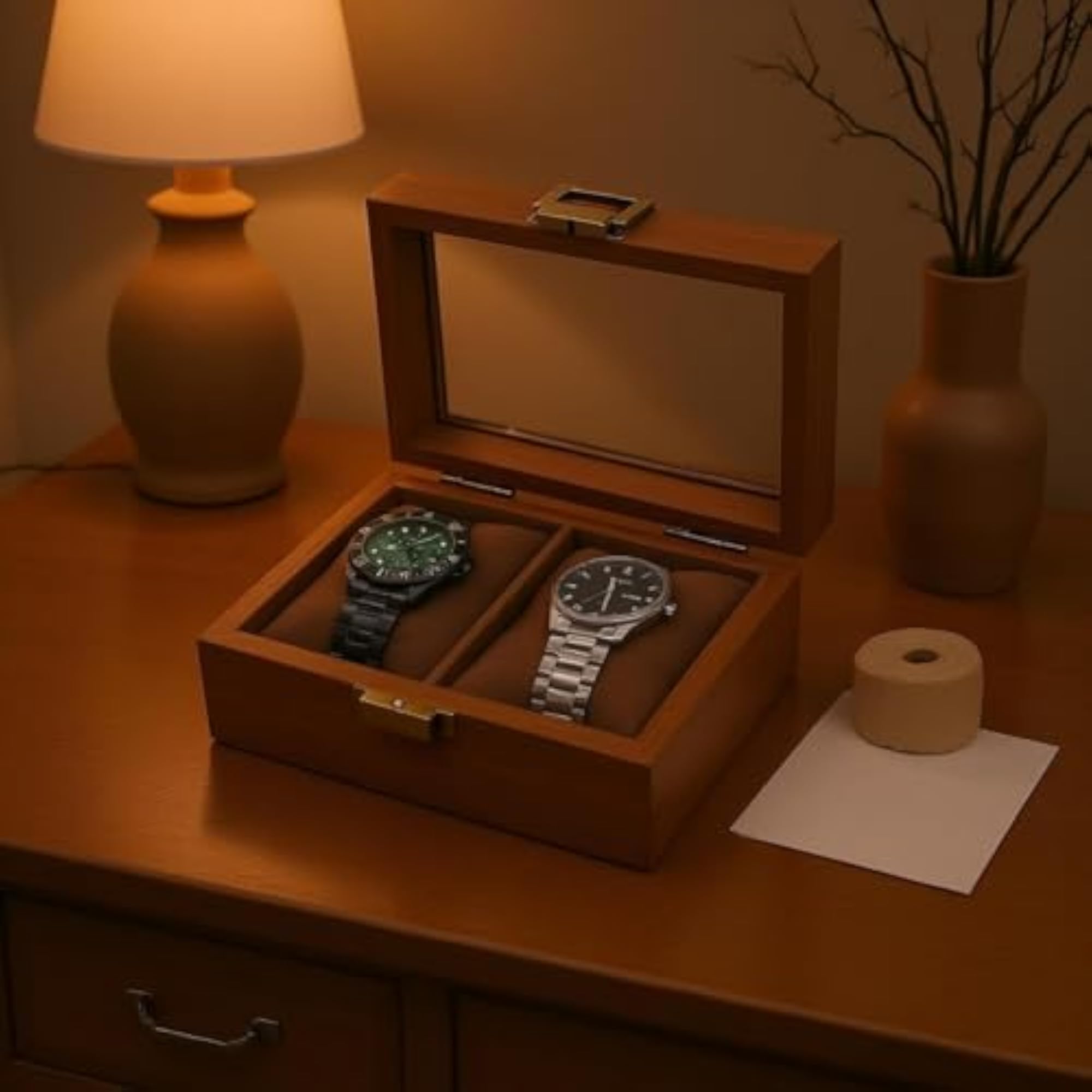 Padded Slots Wooden Watch Box with Divided Interior