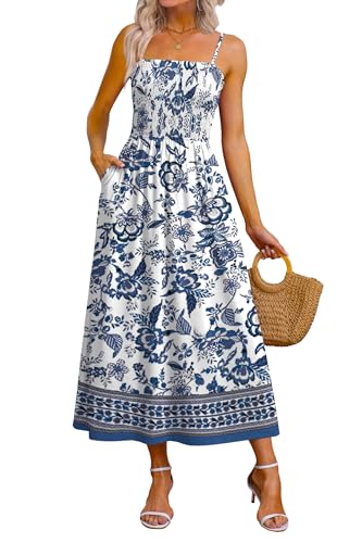OFEEFAN Boho Maxi Dress Spaghetti Strap Business Casual Spring Sundresses for Women Resort Wear Midi Italian Summer Beach Vacation Clothes Cruise Outfits Blue Floral S