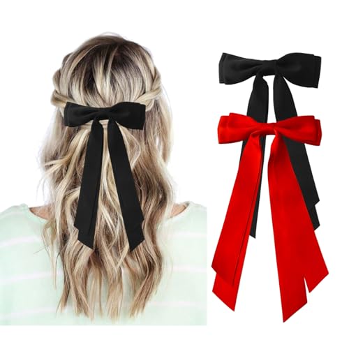Lazos para cabello rojos y negros para mujer - 2 piezas de lazos de cinta de satén sedoso con clip metálico, accesorios para el cabello para niñas miniatura 1