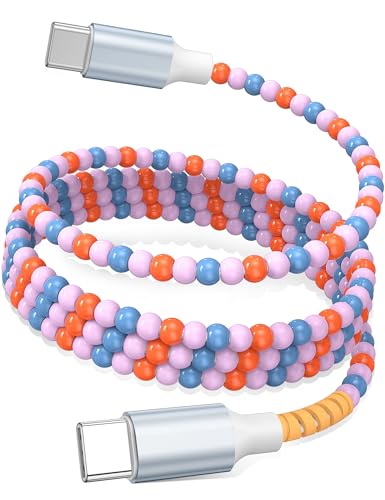 Image of USB C to USB C Cable 6FT,60W Beaded Charger Cord Fast Charging for iPhone 17 16 15 Pro Max /iPad Pro Air 11th for Samsung S26 S25 S24 Ultra S23 A16 A17 /Android Phone Charger Cord Girl Women,Blue-Orange