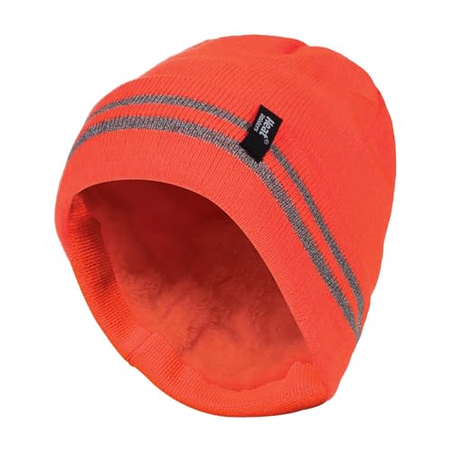 HEAT HOLDERS - Mens hi vis Reflective Outdoor Winter Thermal Knitted high Visibility Turnover hat in Orange and Yellow (One Size, Hi Vis Orange)