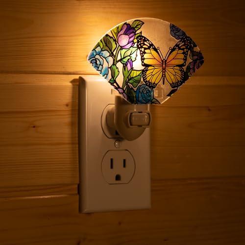 Image of Stained Glass Styled Butterfly Night Light - Yellow Butterfly with Blue Roses Design, Made with Real Glass, Plug-in Decorative Light for Bedroom, Hallway & Home Decor
