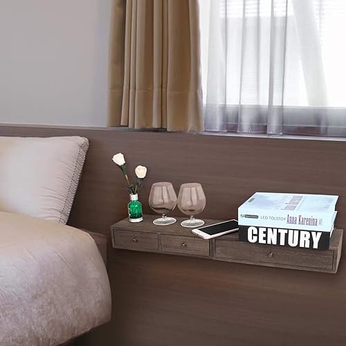 Image of WOOYNEX Floating Shelves With Drawers: Wood Wall Shelves /Cabinets For Storage And Exhibition; Doubles As A Bedside Or Nightstand Set Of 2 In Vintage- Brown (Brown), 15X40X10 Cm