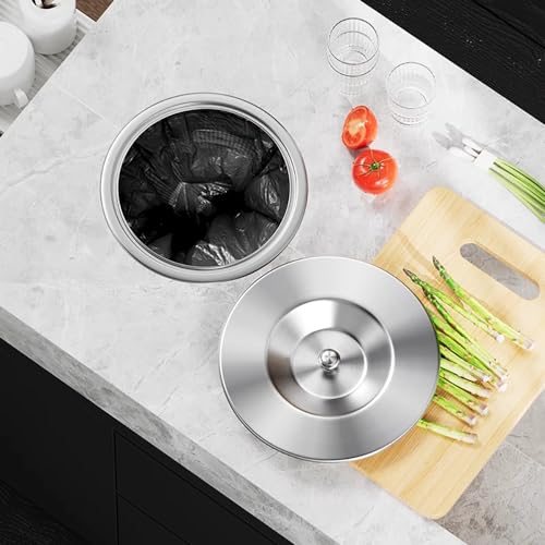 Image of 8L /2.1GAL Embedded Trash Bin with Lid,Trash Chute,Drop-in Trash Can,Built-in Waste Basket for Kitchen,Washbasin, Dining Room,Restaurant (8L-Set（Silver)