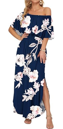Image of AUSELILY Womens Off Shoulder Ruffle Split Summer Maxi Dresses with Pockets | Off-shoulder Ruffle dress with empire waist & side split for summer beach and casual parties