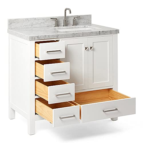 Ariel 37" Inch White Bathroom Vanity W/ 1.5" Edge Italian Carrara Marble Countertop-Backsplash | Right Rectangular Sink | 2 Soft Closing Doors & 5 Full Extension Dovetail Drawers | Satin Nickel Pulls #TOP4