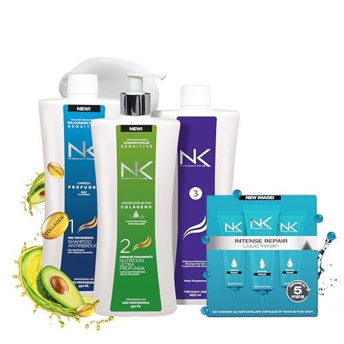 NK Complete Keratin Home Care Set – Sensitive Keratin Kit with Collagen & Avocado (Steps 1 & 2) + Post-Treatment Shampoo (Step 3) + Intense Repair Ampoules | Formaldehyde-Free, Vegan (32oz)