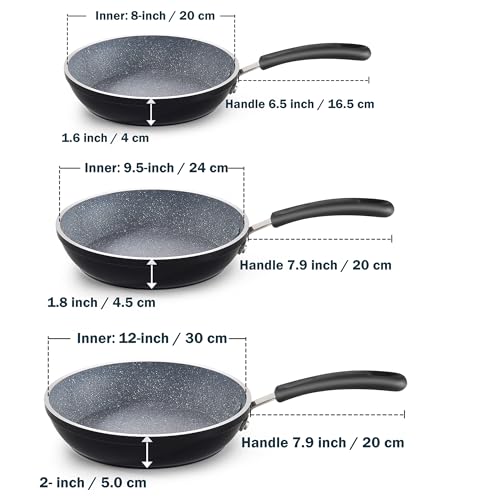 Cook N Home 8"/10"/12" 3 Pieces Frying Saute Pan Set with Non-stick Coating and Induction Compatible bottom, Black