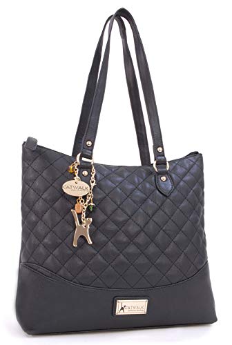 Catwalk Collection Handbags - Women's Quilted Leather Shoulder Bag - Ladies Tote Bag With Zip - Medium/Large - Sofia - Black Gold