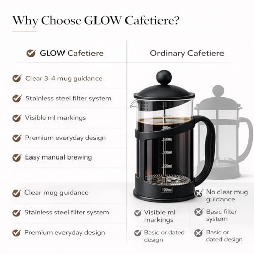Image of GLOW Classic Continental 1 Litre Black Cafetiere - Premium Manual 4 Cup French Press Coffee Maker with Toughened Shockproof Glass Pot and Plunger Filter for Ground Beans Espresso Tea