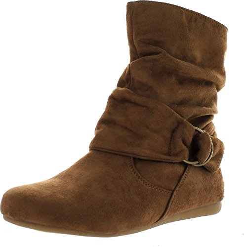 Image of Beston Forever Selena-58 Women's Fashion Mid Calf Flat Heel Side Zipper Slouch Boots Tan 9