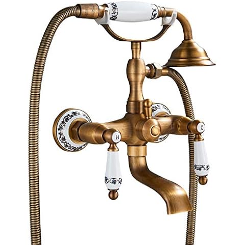 Rozin Wandhalterung Badewanne Wasserhahn Armatur mit Handbrause Duschbrause Zwei Griffe Messing Vintage Design Keramik Stil Cover