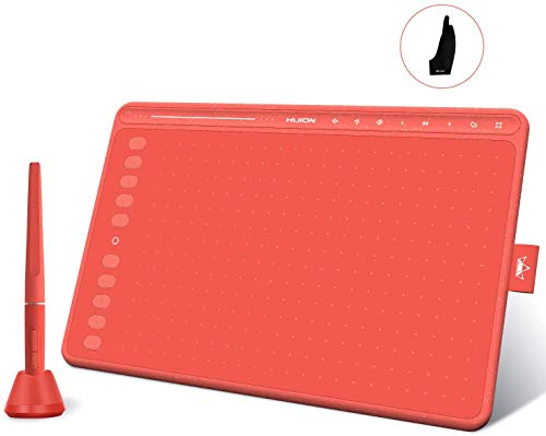 2020 HUION HS611 Red Graphics Drawing Tablet Android Support with 8 Multimedia Keys Battery-Free Stylus 8192 Pressure Sensitivity Tilt 10 Press Keys for Art Beginner-10inch (Coral Red)
