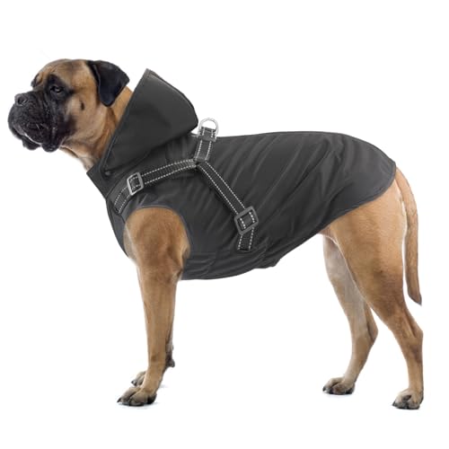 Oslueidy Hunde Regenmantel mit Geschirr, Wasserdichter Hundemantel mit Kapuze, Leichte Winddichte Hunde Regenjacke Regenponcho Regenbekleidung für Kleine Mittelgroße Große Hunde (L, Schwarz)