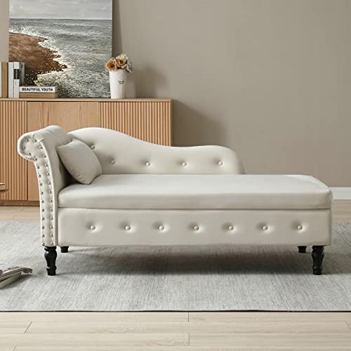 Luckhao Chaise Lounge Indoor,Velvet Lounge Chair For Bedroom With Storage & Pillow,Modern Upholstered Rolled Arm Chase Lounge For Sleeping With Nailhead Trim For Living Room Bedroom Office(Beige) #TOP2