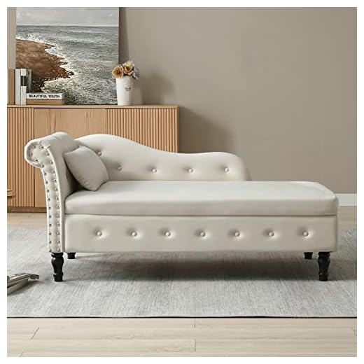 LUCKHAO Chaise Lounge Indoor,Velvet Lounge Chair for Bedroom with Storage & Pillow,Modern Upholstered Rolled Arm Chase Lounge for Sleeping with Nailhead Trim for Living Room Bedroom Office(Beige)