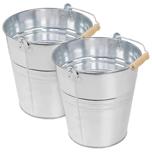 10L Metal Bucket (Pack of 2) | Strong Heavy Duty Galvanized Rust Resistant Steel Bucket with Wooden Handle for Cleaning Garden Storage Hot Ash Garden Waste Drink Cooler Buckets for Multipurpose Use