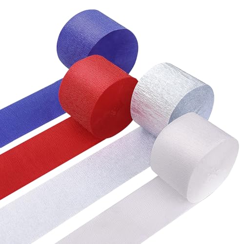 4 Crepe Paper Streamers Rolls 328ft Pack of Red White Blue and Silver Crepe Paper for 4th of July Independence Day Labor Day Veterans Day Decorations (1.8 inch x 82 ft/Roll)