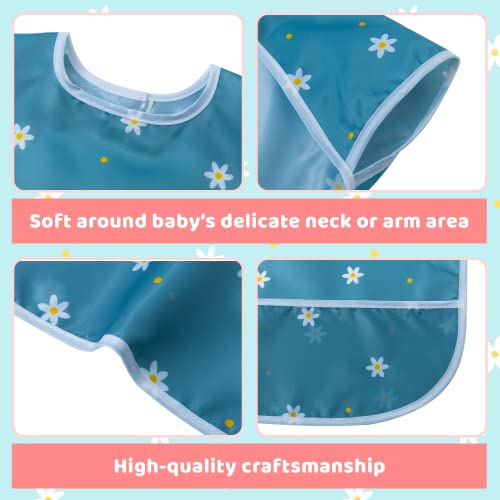 Little Dimsum Toddler Feeding Smocks Baby Waterproof Bib with Crumb Catcher Pocket Short Sleeve Adjustable Baby Bib, Pack of 2 Colors Flower Sets4