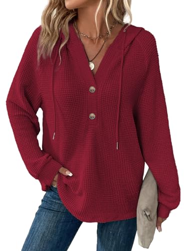 Image of Dokotoo Hoodies for Women Waffle Knit Button V Neck Casual Sweatshirt Tops