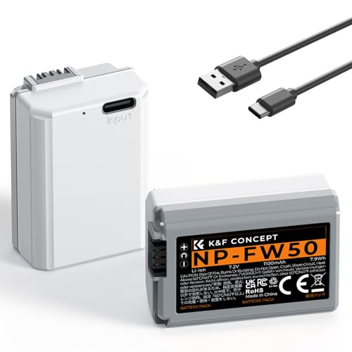 K&F CONCEPT NP FW50 2 Pack1100mAh Batería con Interfaz de Carga Directa de Type C Compatible con Sony A7, Alpha 7R, A7R, A7 II, A7S, A7M2, A7SM2, A7RM2,A6000, A6300,A6500, NEX 3/5/7