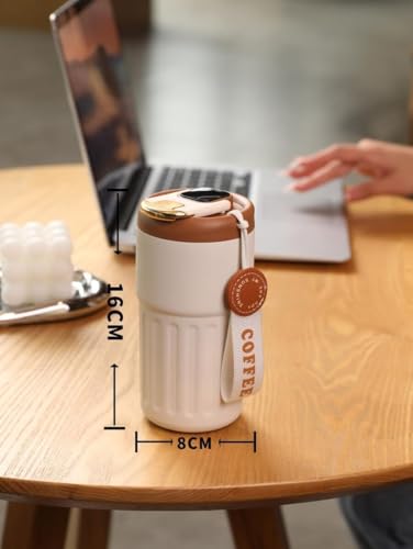 Image of Zephorus Coffee Mug Cup Digital Display, Thermos Flasks, 460 ml, 316 Stainless Steel Travel Mug, Insulated Vacuum Thermal Mug, Leak-Proof Travel Mug with Lid for Coffee (White Brown)
