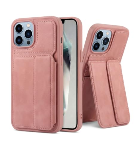 Image of amazon basics Luxury Vegan Leather Back Cover for iPhone 14 Pro Max | Built-in Card Holder Slot | Integrated Mobile Stand | Slim Shockproof Protective Case with Stitched Finish - Pink