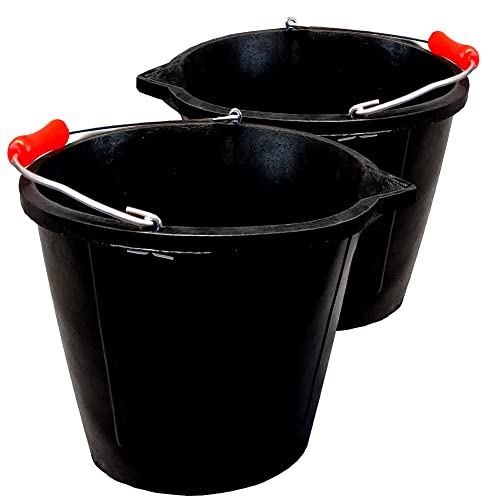 14L Black Flexible Bucket Heavy Duty Black Rubber Builders Bucket 3 Gallon 14 Litre Water Mixing Storage Strong Handle and Spout Ideal for Construction Trade, Animal Feed - Pack of 2