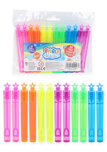 Henbrandt 12 x Neon Star Party Bubble Tubes with Wand Children's 4ml Bubbles Loot Bag Fillers Summer Games for Boys and Girls Kids Party Bags
