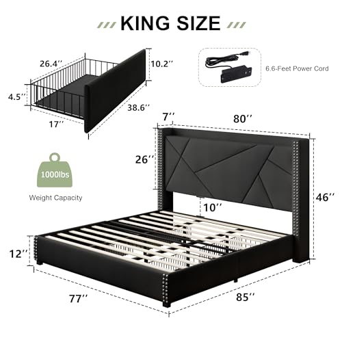 Feonase Upholstered Storage Bed Frame King Size with 4 Drawers, Platform Bed with Charging Station & Wingback Headboard, Solid Wood Slats Support, Black