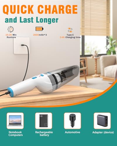 Handheld Vacuum Cordless, 9500PA Car Vacuum Portable Cordless with Powerful Suction, Lightweight & Portable Handheld Vacuum with Large-Capacity Battery for Car/Home/Pet