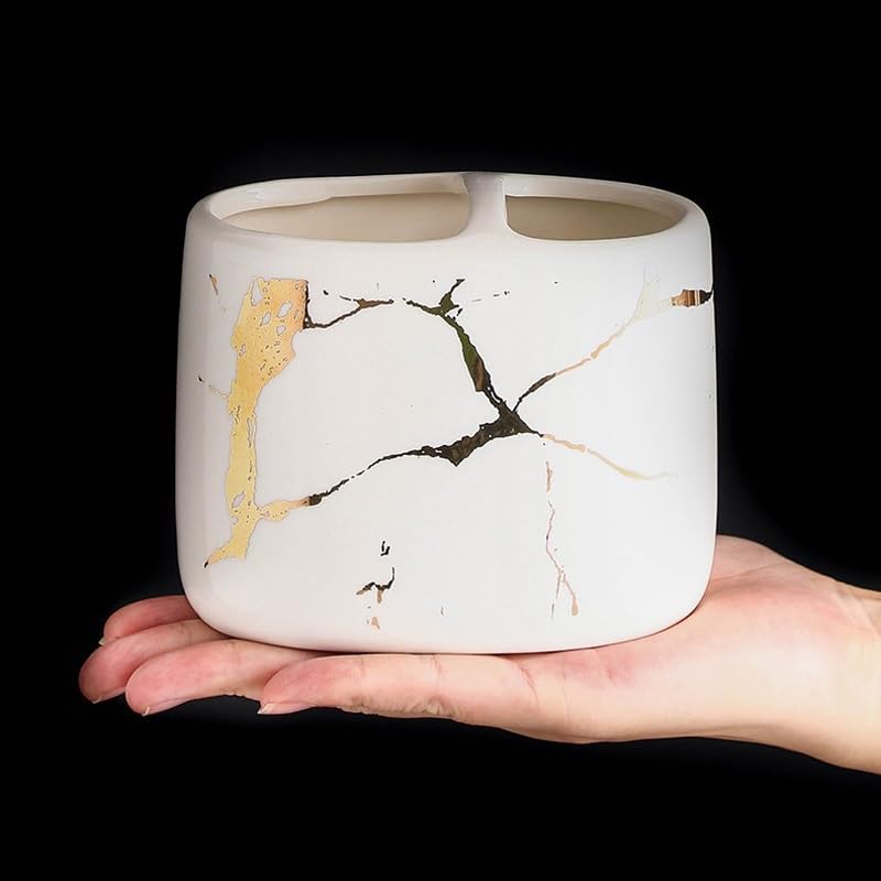 Partition Toothbrush Holder for Household Bathroom Marbled Ceramic Cosmetic Cup