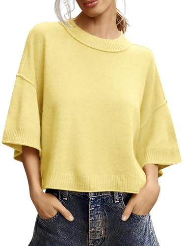 Image of Saodimallsu Womens Short Sleeve Sweater Summer Oversized Cropped Sweaters Casual Crewneck Lightweight Knit Tops