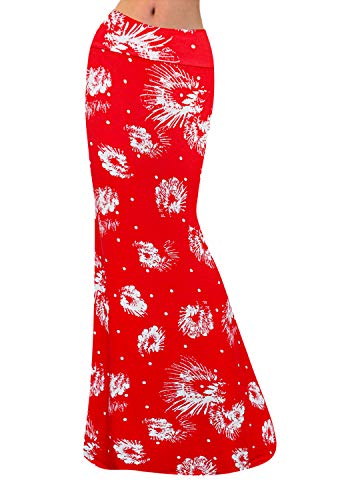 Multifit Women's Multicolored Floral Printed Striped Fold Over High Waisted Elastic Long Maxi Skirt(Red Snow-XL)