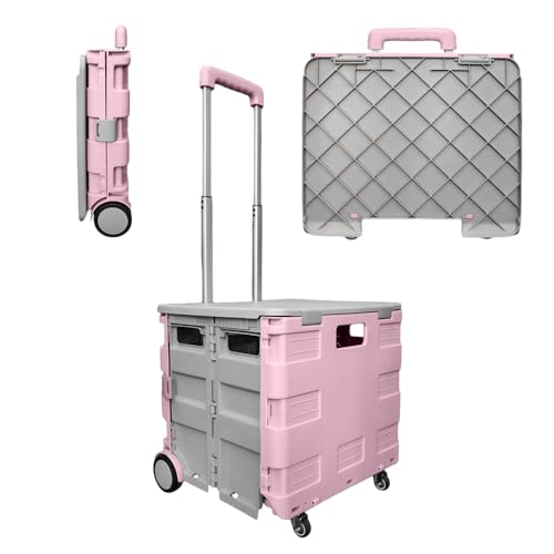 Berry 40L Foldable Shopping Trolley, Plastic Trolley Cart with 4 Wheels and Lid, Portable Cart with Telescopic Handle, Multipurpose Utility Cart for Shopping, Teacher, Laundry (Pink & Grey, 40 KG)